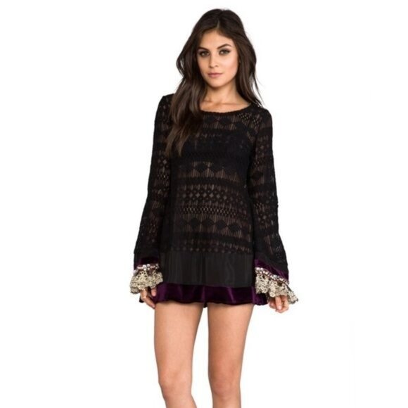 RARE Free People Black Lace Tie Dyed Velvet Sequin Bell Sleeve Tunic Mini Dress - Picture 12 of 16